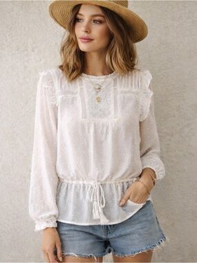 Fanco White Swiss Dot Peasant Blouse with Lace Yoke